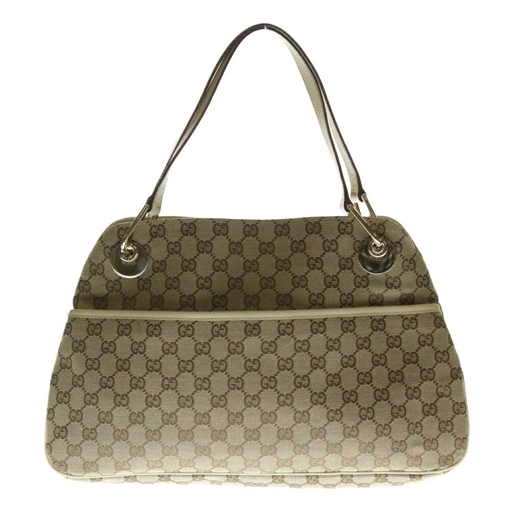 GUCCI GG Canvas Eclipse Black Leather Tote Bag Handbag Beige